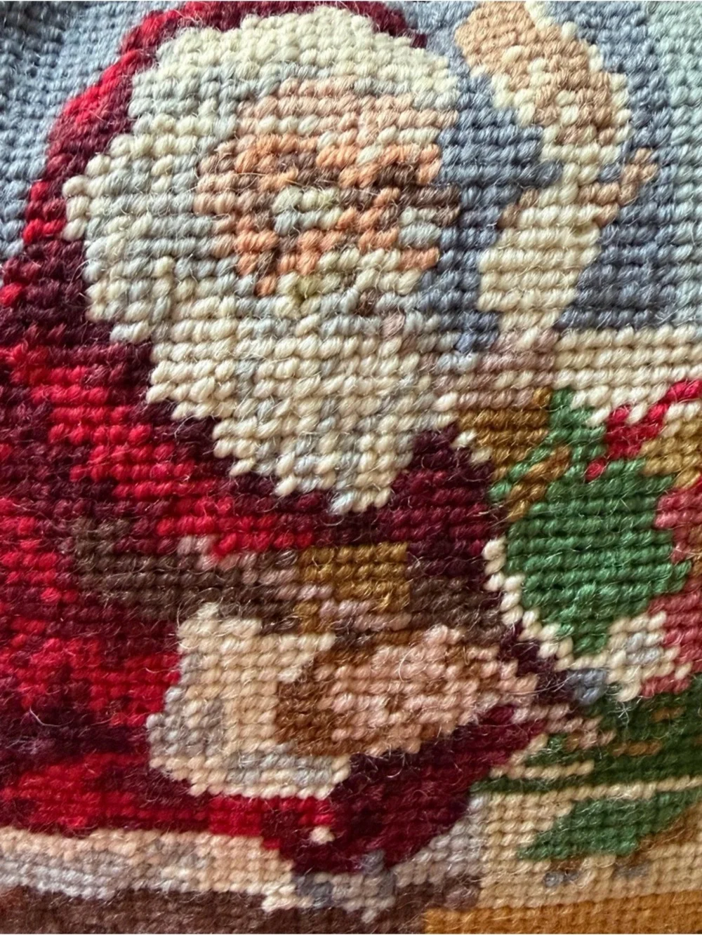 Vintage Needlepoint Santa Pillow Christmas Cushion 9.5” Blue Velvet